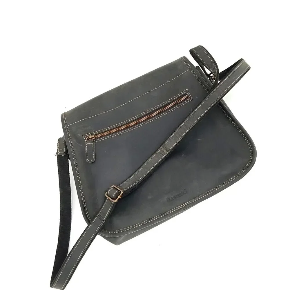 KomalC Genuine Leather Crossbody Satchel Black Distressed Buckle Messenger Bag